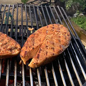 Salmon recipes with a large salmon steak on a grill.