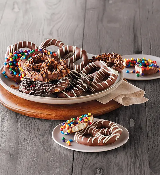Valentine's Day gift ideas for him with a plate of chocolate covered pretzels.