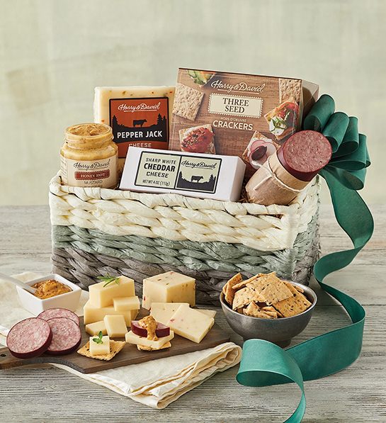 Valentine's Day gifts for him with a basket of meat and cheese.