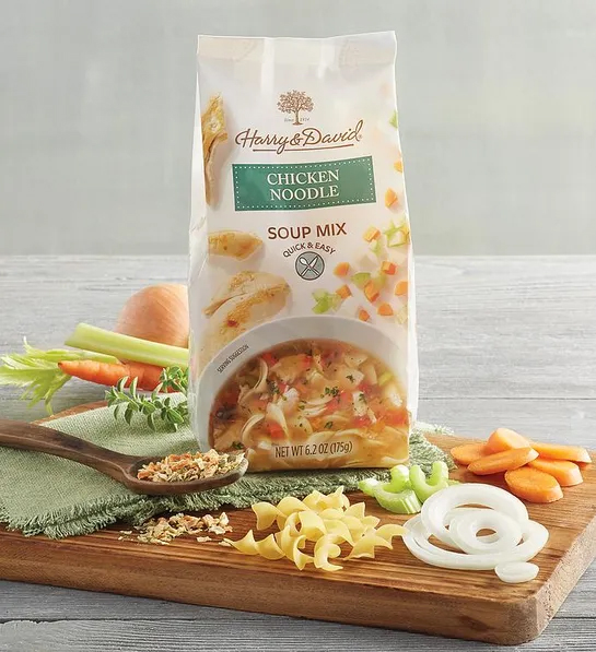 Chicken noodle soup mix in a bag surrounded by ingredients.