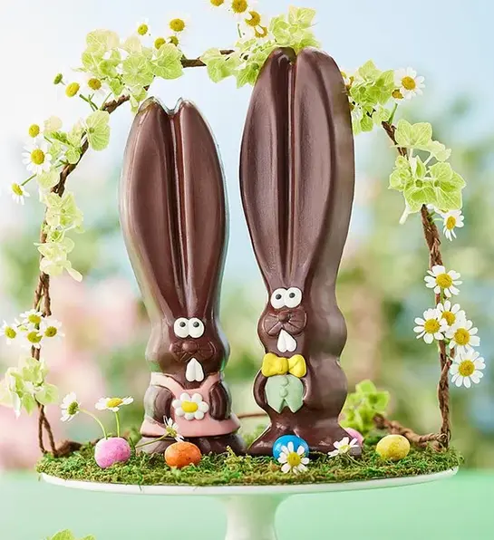 Easter basket stuffers with two chocolate Easter bunnies in a basket.