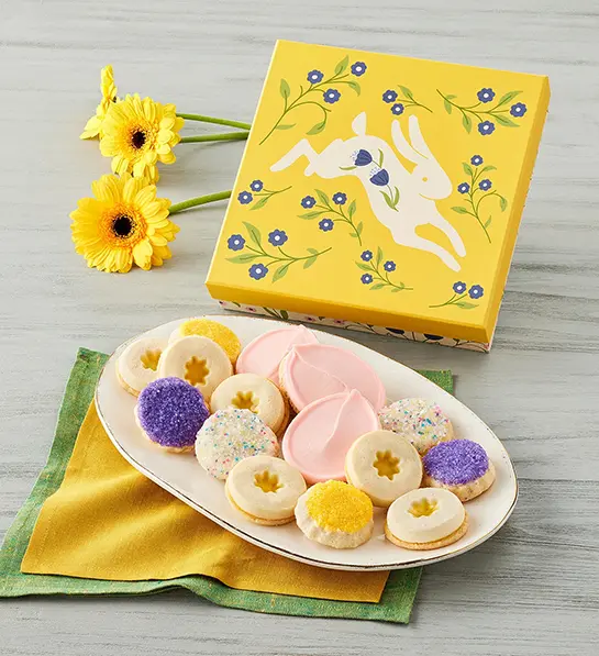 Easter basket stuffers with a plate of cookies.