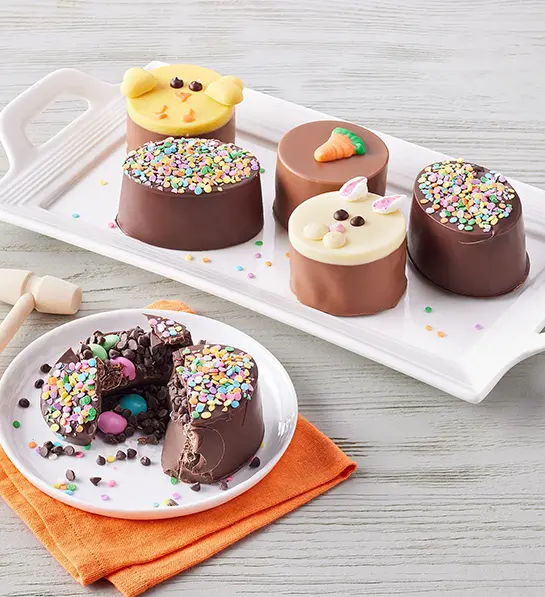 Easter gift ideas with chocolate breakables on a plate.