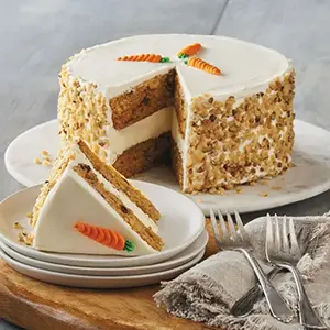 Easter brunch recipes with a carrot cake on a platter.