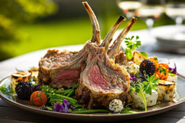 Lamb chops on a plate of roasted vegetables and spring greens.