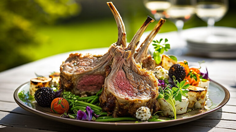 Lamb chops on a plate of roasted vegetables and spring greens.