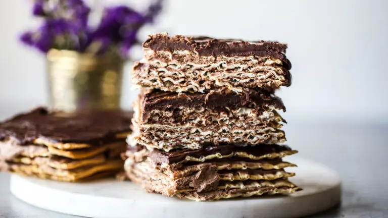 Passover dessert of a chocolate-matzo layer cake on a plate.