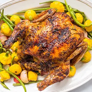 spring vegetables with a roasted chicken
