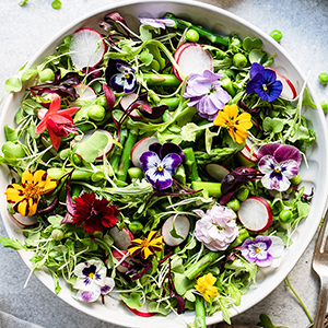 Spring vegetables salad with flowers.