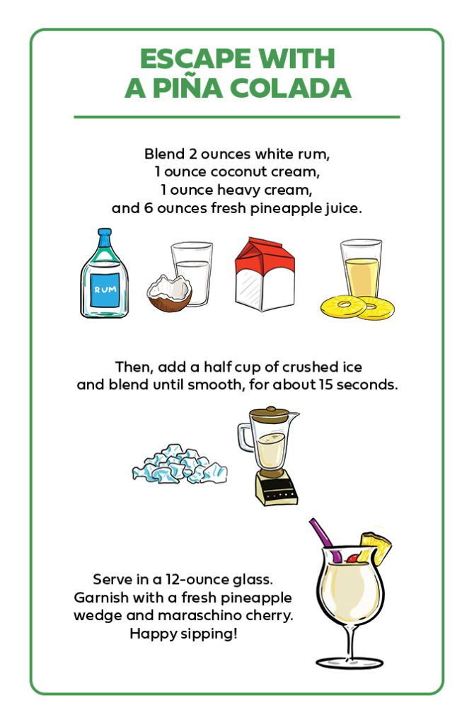 Types of pineapple pina colada recipe in a vertical infographic.