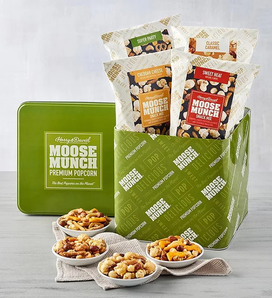 Unique thank you gifts with a tin of different kinds of Moose Munch in bags.