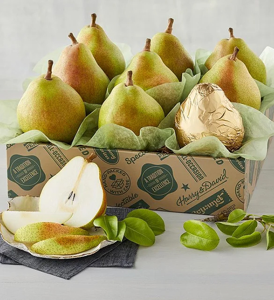 Unique thank you gifts with a box of pears.