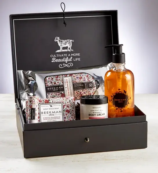 Mother-in-law gifts with a box of spa items.