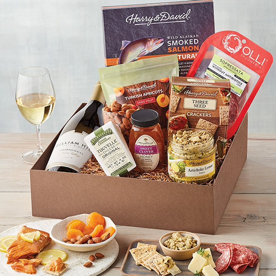 Chardonnay pairing gift box with smoked salmon, cheese, nuts and other snacks.