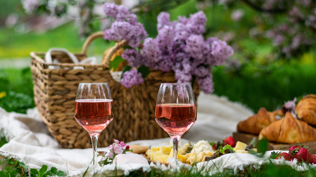 Closeup of two glass of rose wine , picnic basket, croissants, food and flowers on the grass. Banner