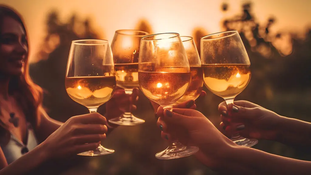 Places to bring rosé with a group of people raising glasses of rosé to clink with a sunset in the background.