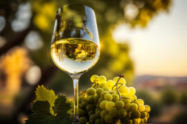 Glass of sauvignon blanc with a bunch of grapes next to it.
