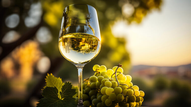 Glass of sauvignon blanc with a bunch of grapes next to it.