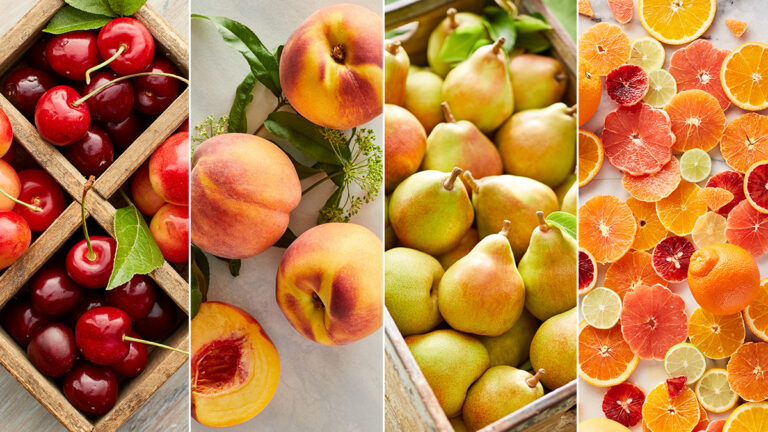 what fruits are in season with cherries, peaches, pears, oranges