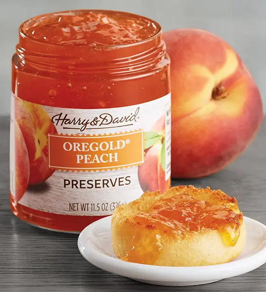 Types of peach preserves in a jar.