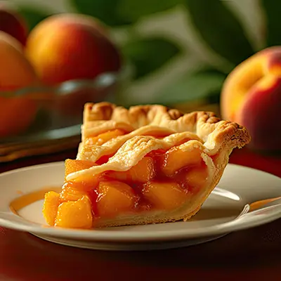 Types of pies with a slice of peach pie on a plate.
