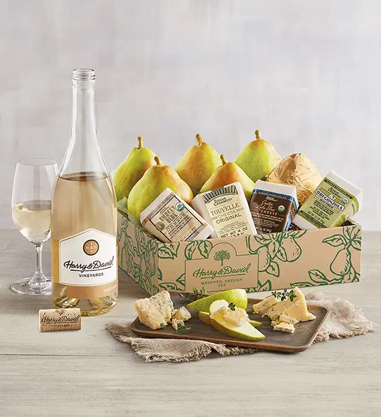 Pinot Gris next to a box of cheese and pears.