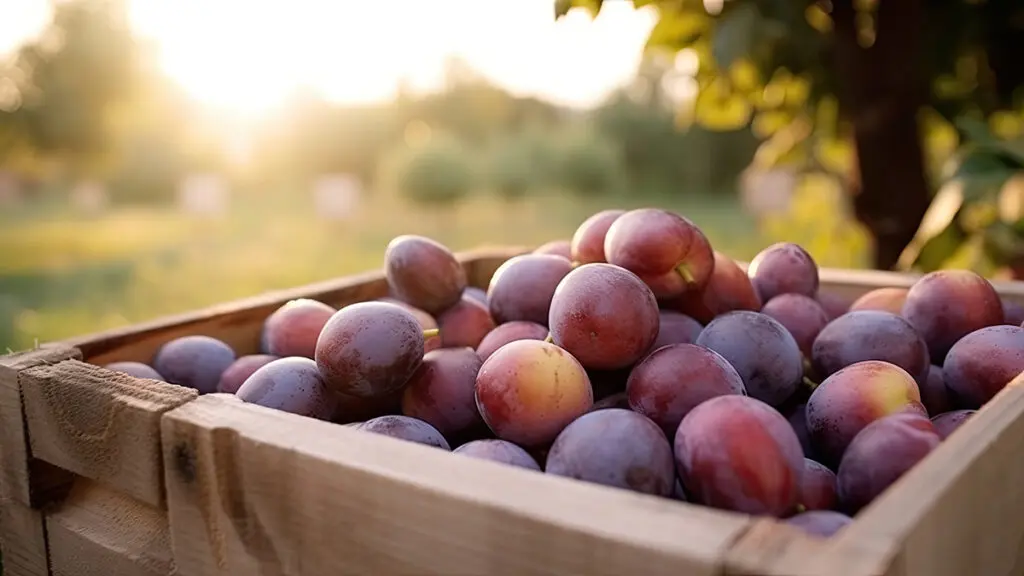 Plums in a crate outside.