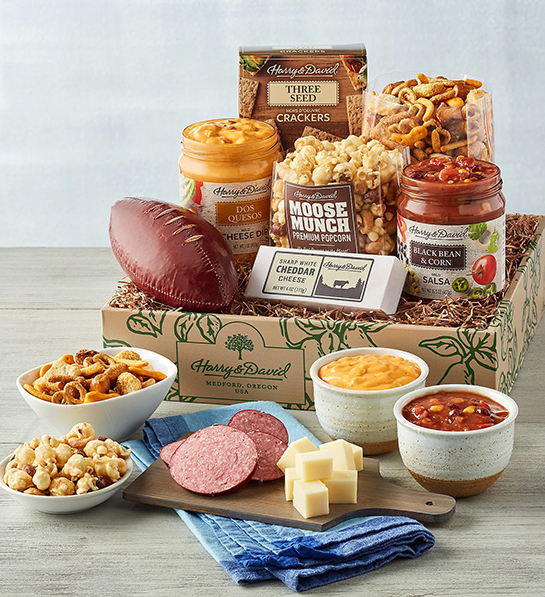 Fall gifts with a box of snacks for game day.
