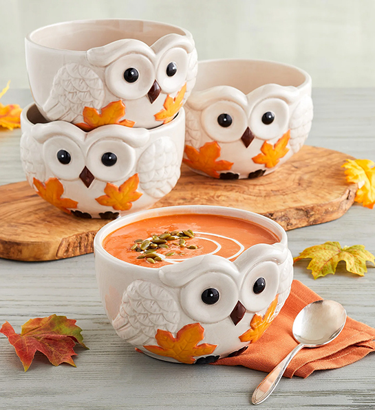Fall gifts with four bowls with owl etchings on the outside.