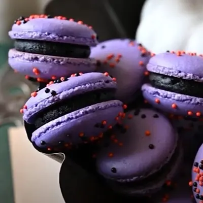 Halloween recipes with black and purple macarons.