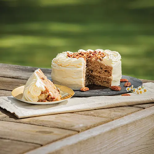 Types of cakes with a hummingbird cake on a picnic table with a slice of the same cake on a plate.