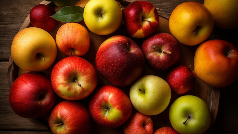 different types of apples on a wooden table, generative ai