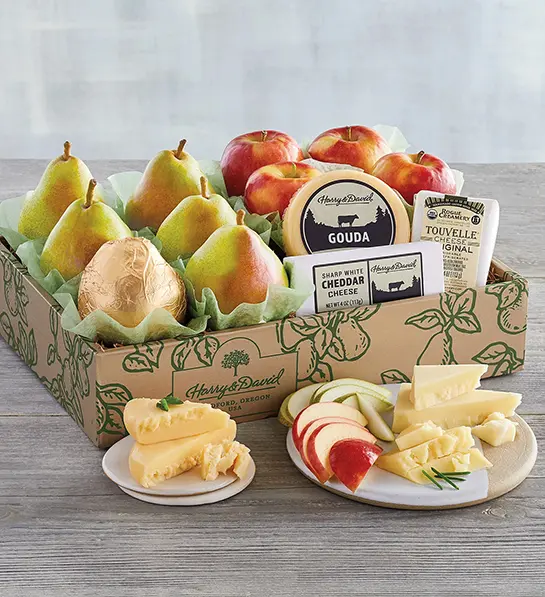 Types of apples, pears, and cheese in a box.