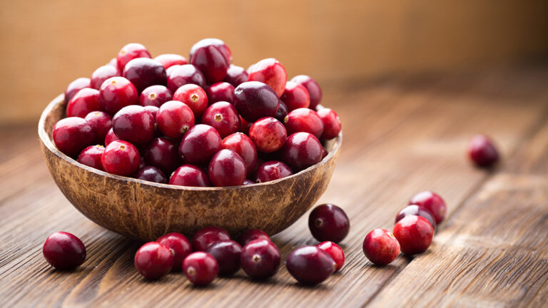 Cranberry facts with a bowl of cranberry.