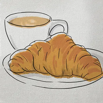 Eat like the French with a drawing of a cup of coffee and croissant.