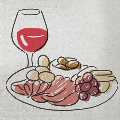 Eat like the French with a drawing of a glass of wine next to a plate of charcuterie, cheese, and snacks.