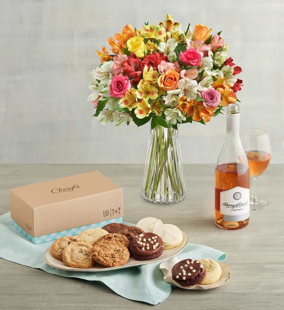 gifts for couples roses, rose wine and cookies