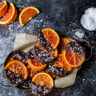 Candied orange slices dipped in chocolate.