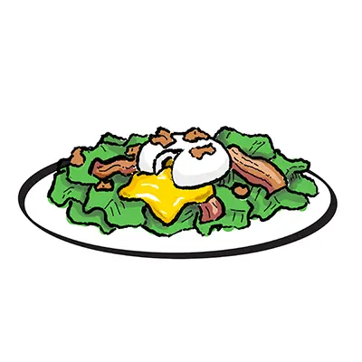 Types of salad with a drawing of a salad topped with meat.