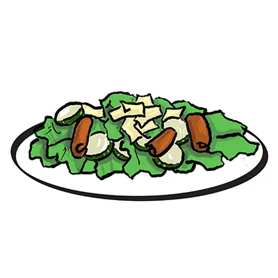 Types of salad with a drawing of large salad on a plate.