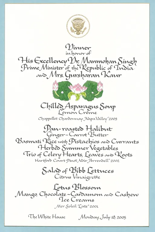 State dinner menu for President Bush.