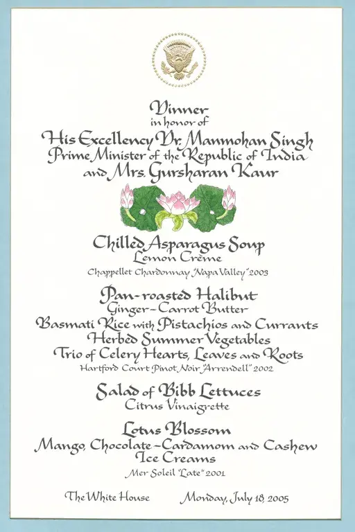 State dinner menu for President Bush.