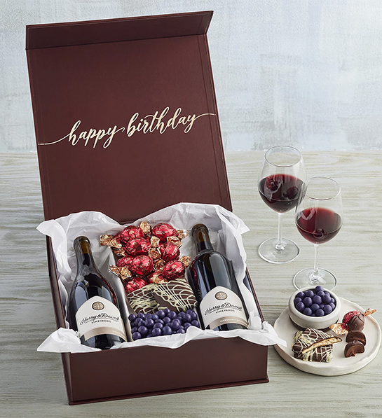 40th birthday ideas with a box of wine and chocolate.