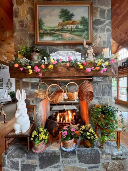 Easter décor ideas with a fireplace decorated for Easter.