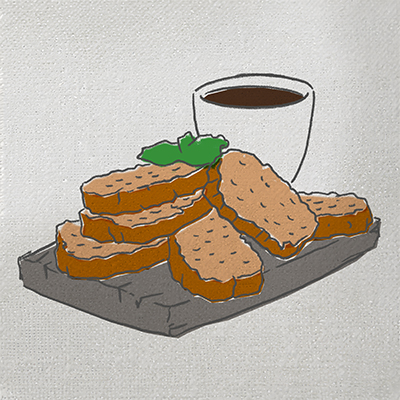Drawing of an Italian breakfast with coffee and biscuits.