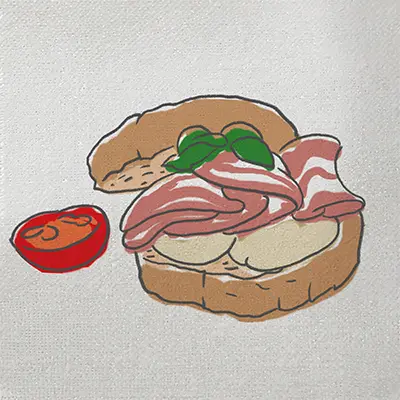 A drawing of a sandwich with meat and cheese.