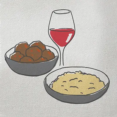 Eat like an Italian with a drawing of a glass of wine, a bowl of meatballs, and a bowl of pasta.
