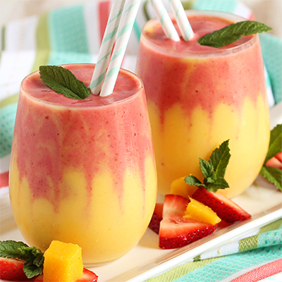 Strawberry recipes with two mango strawberry smoothies.