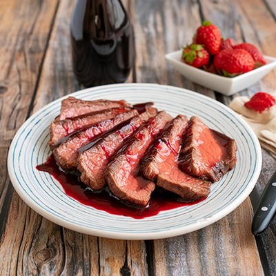 Plate of New York Strip steak drizzled with strawberry balsamic.