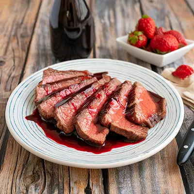 Plate of New York Strip steak drizzled with strawberry balsamic.
